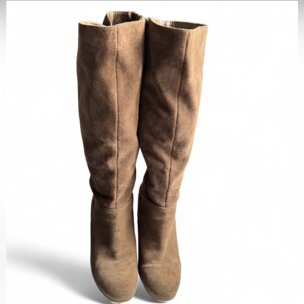 Nine West Taupe Wedge Suede Knee-Knee Boots, Suede in Brown - Size 9.5
